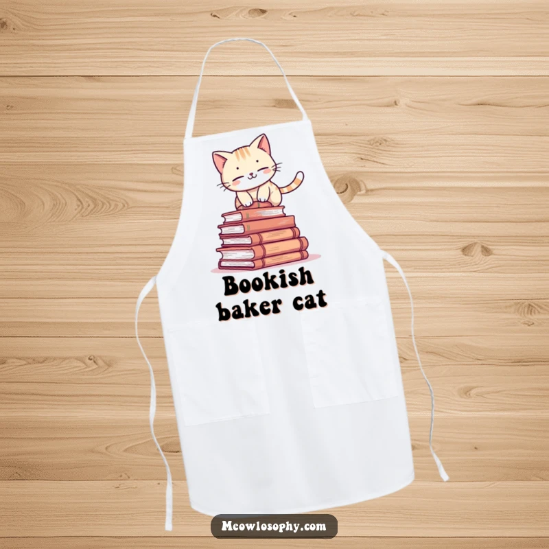 Funny cat apron with an adorable character attempting to balance on a stack of ancient books, humorous kitchen wear for chefs.
