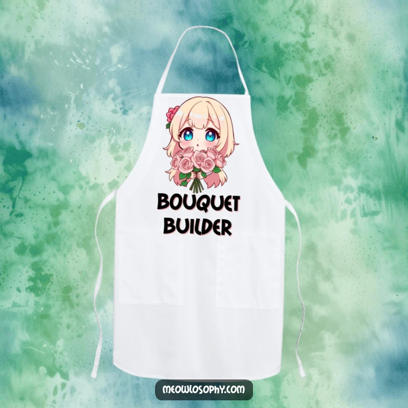 Funny apron showing a character with a comically surprised expression holding a bouquet of sparkly roses, perfect for a humorous kitchen.