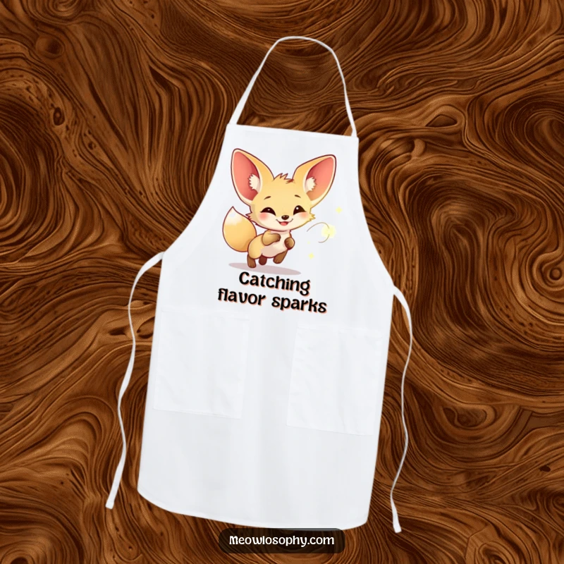 Funny apron showing a fennec fox joyfully chasing a glowing firefly, ideal for kitchen humor and adding a touch of magic.