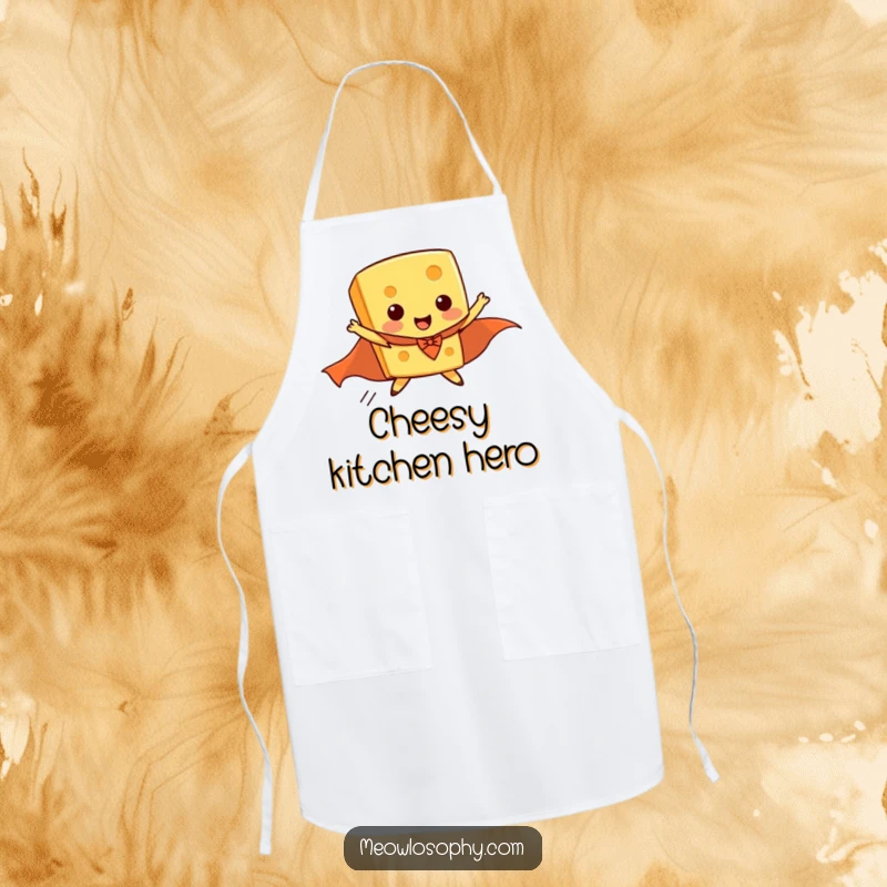 Funny apron design of a piece of cheese wearing a superhero cape, comically attempting to fly.