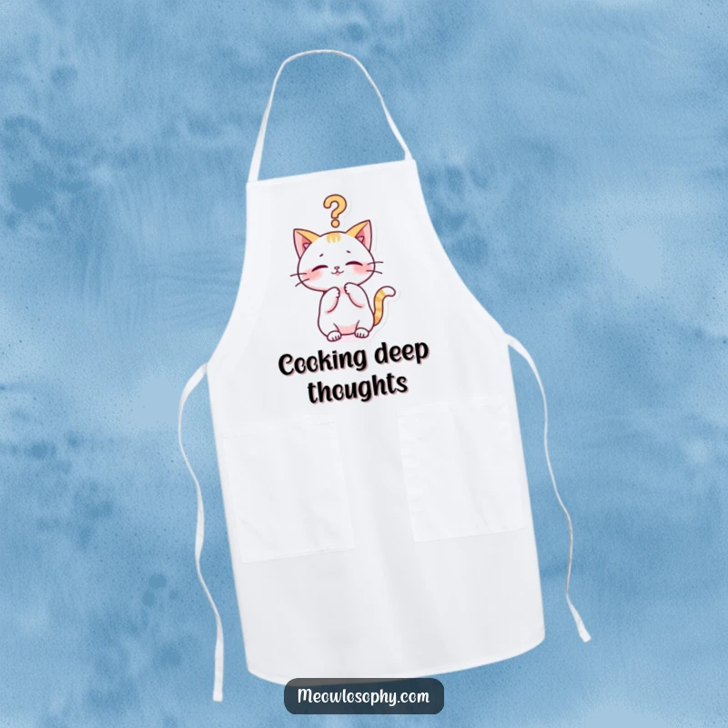 Funny kawaii cat apron with a cute character playfully batting at a philosophical question mark, humorous kitchen wear for chefs.