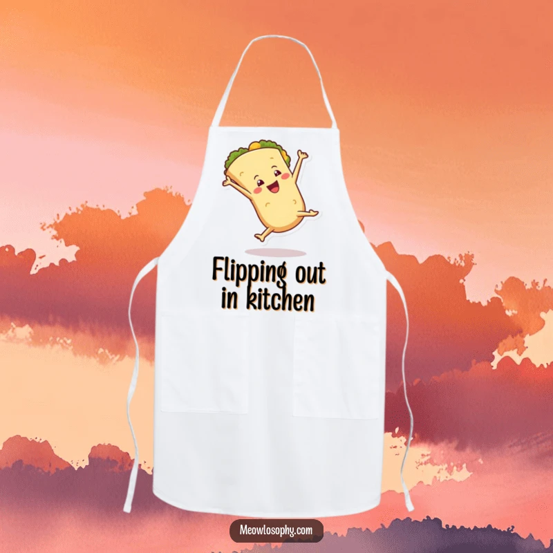 Funny Apron with an anthropomorphic tortilla character doing a lively cartwheel with flair, bringing energetic fun to cooking.