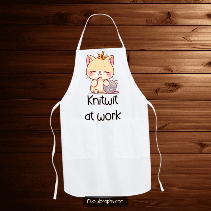 Funny cat apron with a cute character wearing a tiny crown, thoughtfully staring at yarn, humorous kitchen wear for bakers.