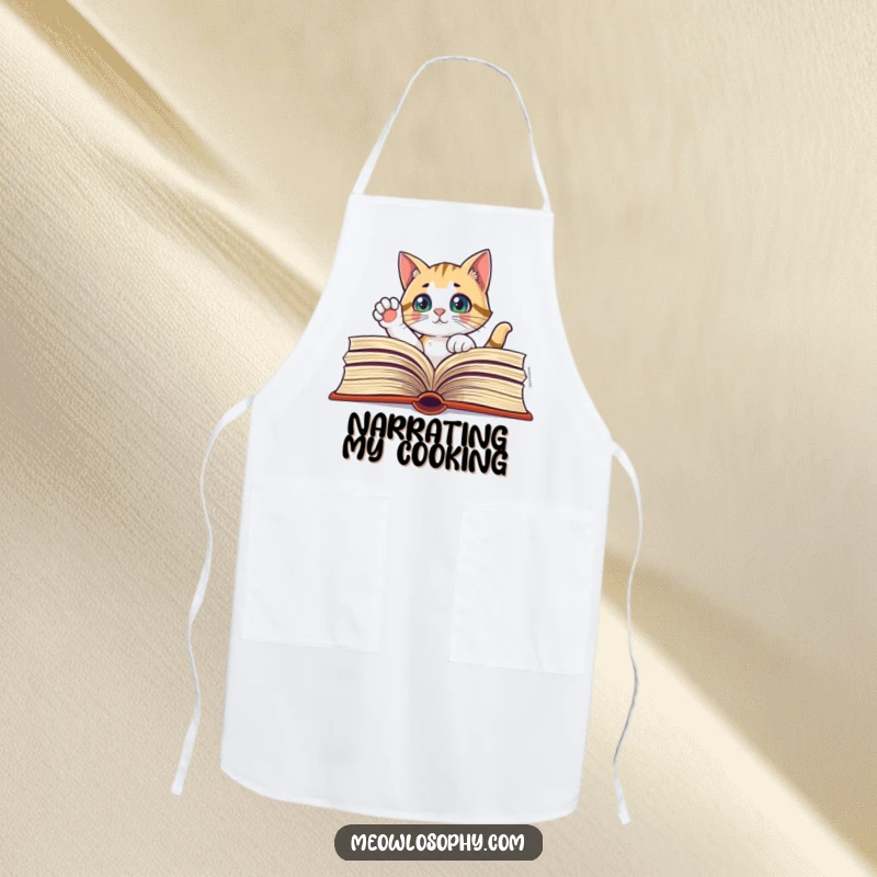 Funny apron showing a curious cat peeking through an open book, paw raised, ideal for kitchen learning.