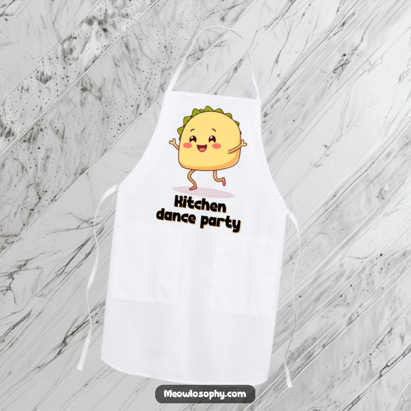Funny Taco Apron showing a smiling taco with legs doing a happy shuffle dance, perfect for cooks.