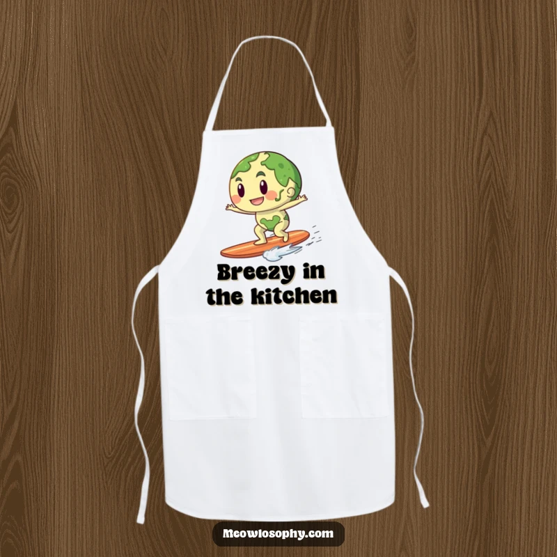 Funny kitchen apron featuring an anthropomorphic earth character playfully riding a gentle breeze like a surfboard, ideal for cooking.
