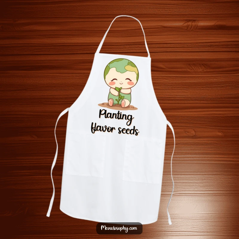 Cute Earth character sharing a gentle hug with a tiny seedling on a durable apron, ready for humorous gardening or cooking.