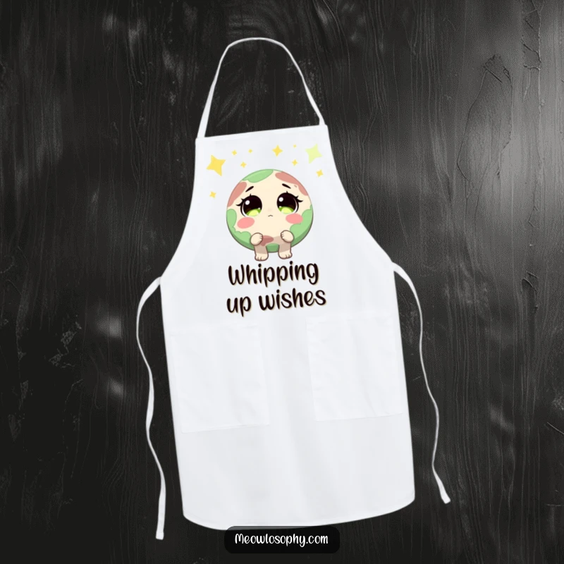 Funny Earth character with wide, sparkling eyes looking up at shooting stars on a durable apron, ready for humorous kitchen adventures.