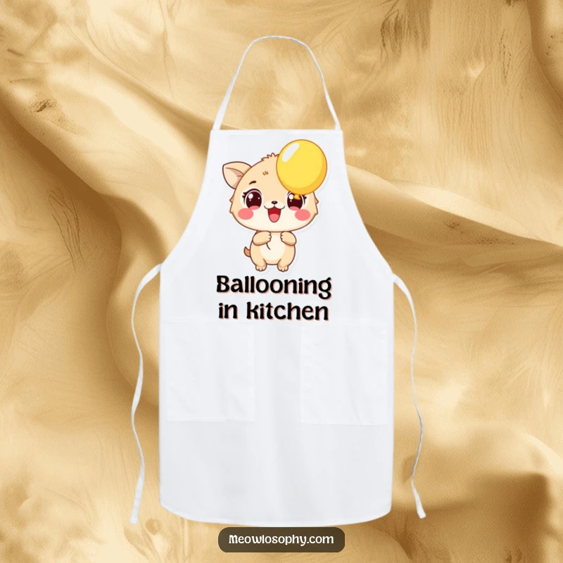 Funny Excited Animal Apron showing a character with wide eyes holding a balloon. A humorous and functional kitchen accessory.