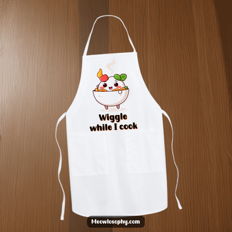 Funny cute fajita bowl character wiggling happily with steam, featured on a humorous kitchen apron.