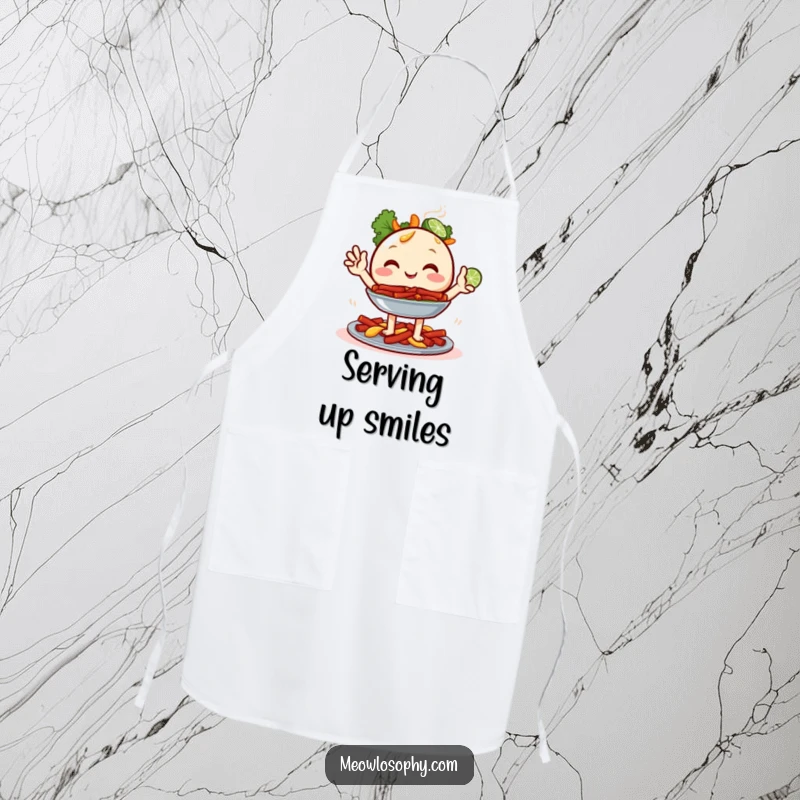 Funny Fajita Platter Apron showing a happy cooking character with two tiny lime wedges waving, ideal for culinary fun and protection.