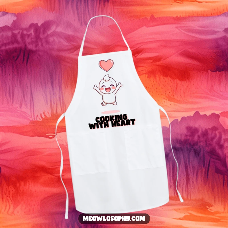 Funny apron depicting an adorable character jumping for joy with a heart icon, radiating happiness while cooking, perfect for a cheerful kitchen.