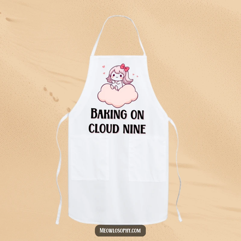 Funny apron featuring a kawaii character joyfully riding on a cloud shaped like a heart, perfect for adding heartwarming charm to cooking.