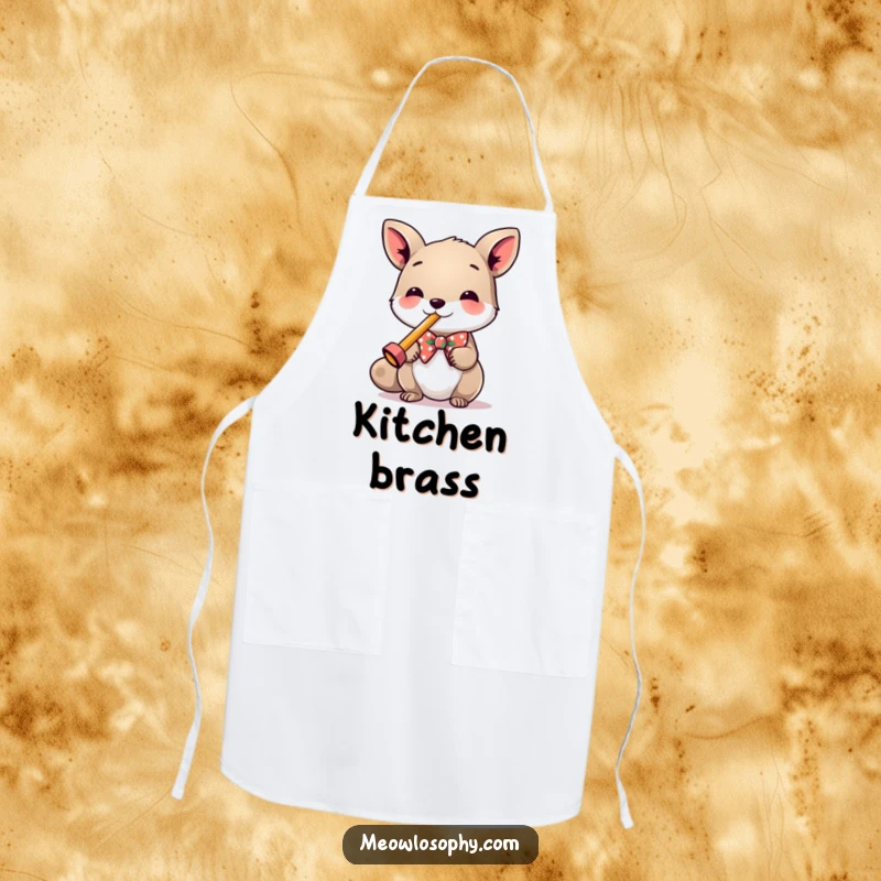 Funny Apron showing a dapper animal in a bowtie, playing a tiny kazoo, ready to add music to the kitchen.
