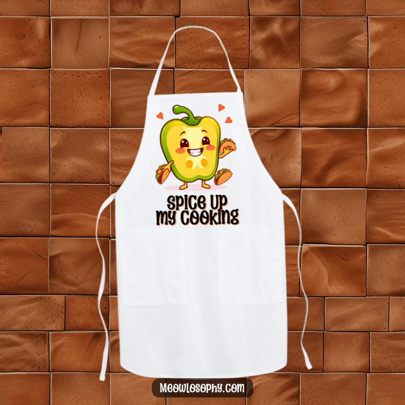 Funny Pepper Apron showing a smiling bell pepper slice juggling tacos, perfect for the kitchen.