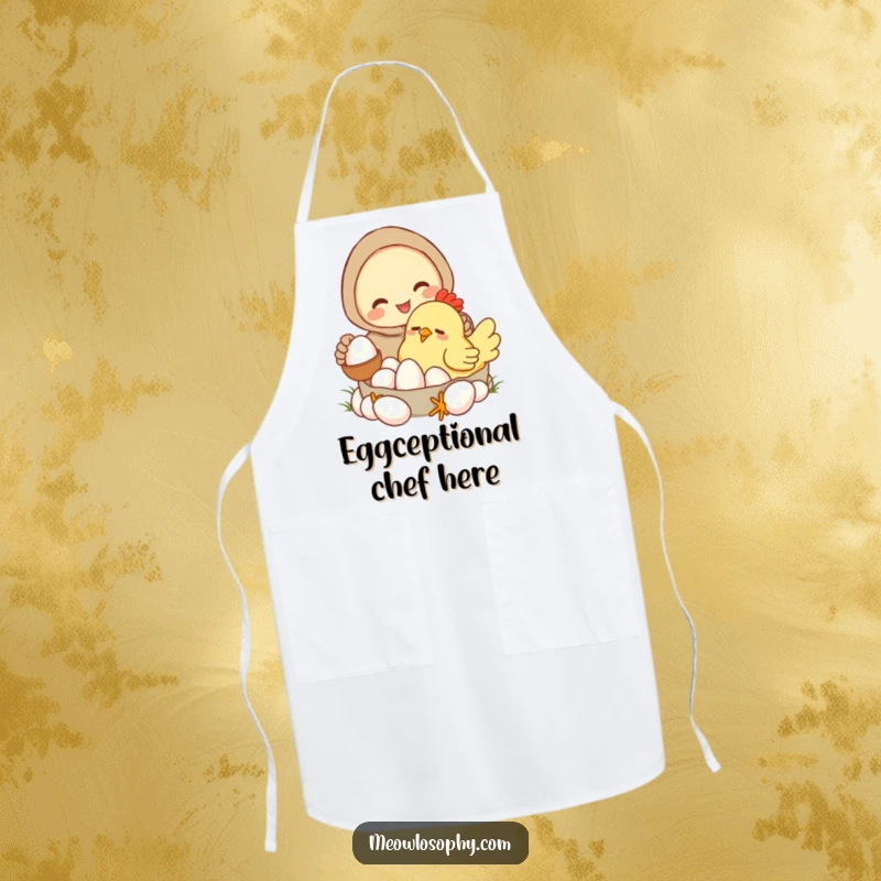 Funny apron showing a character gathering eggs from a very sleepy, cartoonish chicken. Ideal for kitchen use with a humorous touch.
