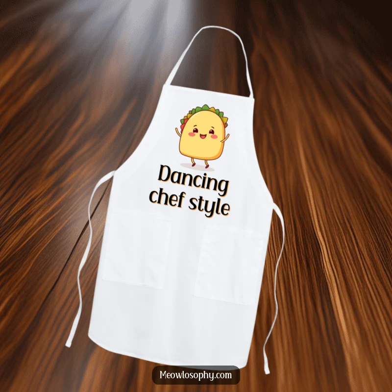 Funny Apron with a happy taco character with legs doing a lively shuffle dance, bringing festive fun to cooking.