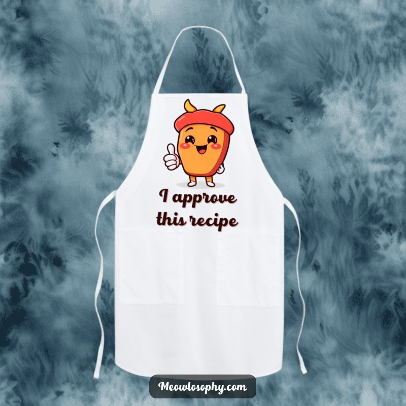 Funny kawaii fajita ingredient giving a thumbs-up with a cheesy grin, featured on a humorous kitchen apron.