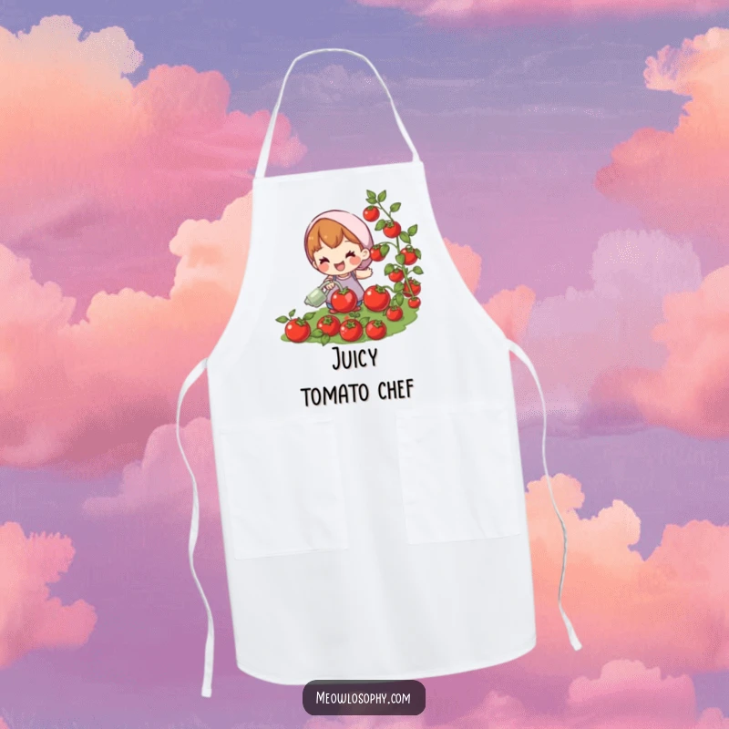 Funny apron depicting a joyful character watering plump, red tomatoes. Practical and humorous for kitchen and garden.