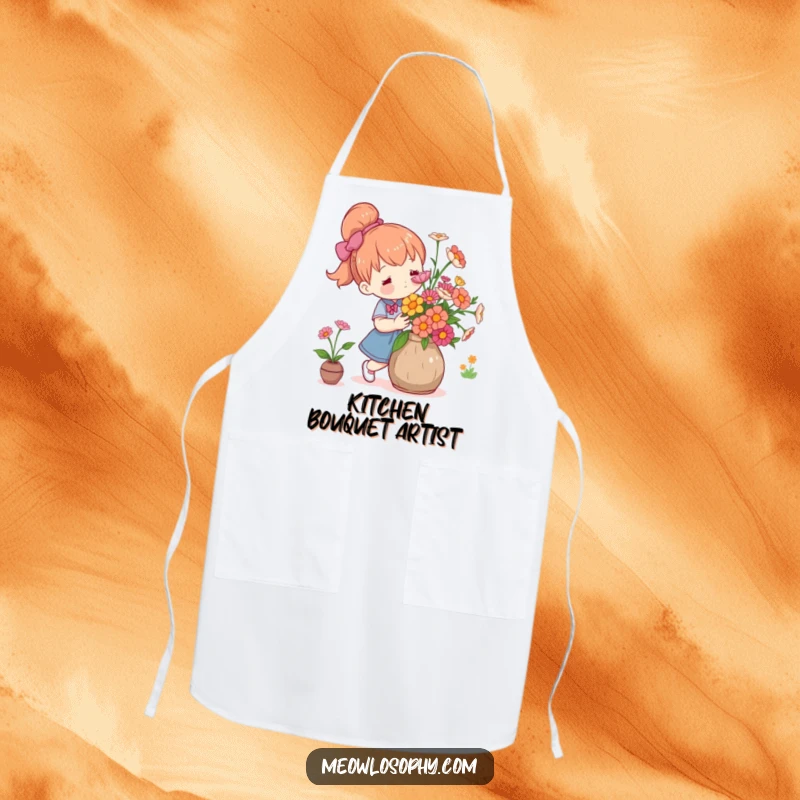 Funny cute character arranging fresh flowers in a rustic vase with care, designed on a practical and stylish apron.