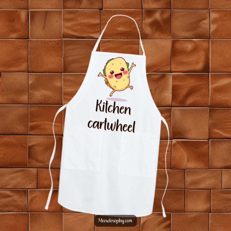 Funny Tortilla Apron showing a joyful tortilla character doing a cartwheel with a flourish, perfect for cooks.