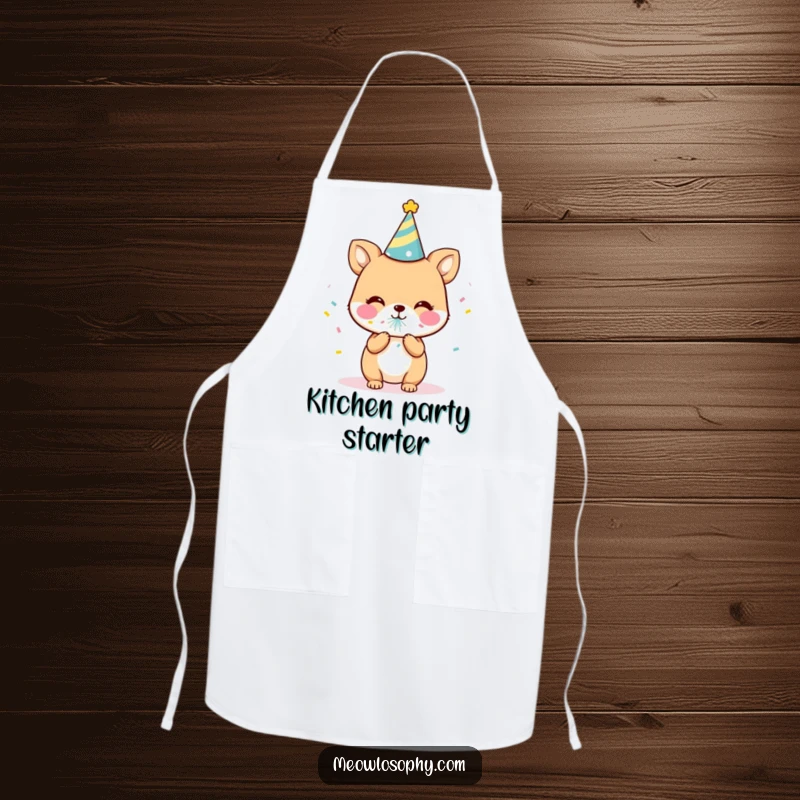 Funny Party Animal Apron showing a cute character in a party hat, blowing confetti. A humorous and functional kitchen accessory.