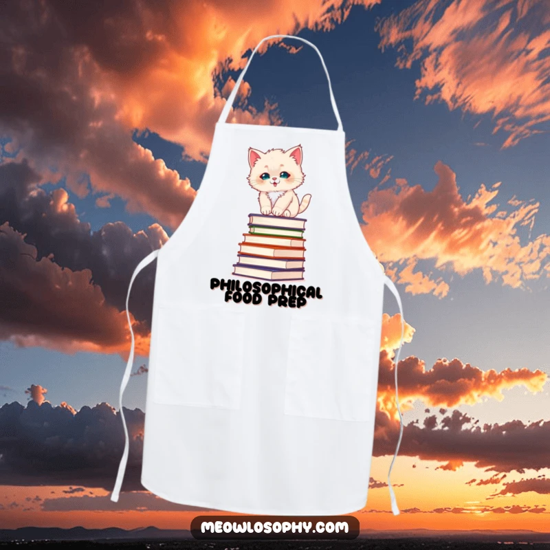 Funny fluffy kitten apron, showing a kitten balancing on philosophy books, perfect for cooking with a touch of philosophical flair.