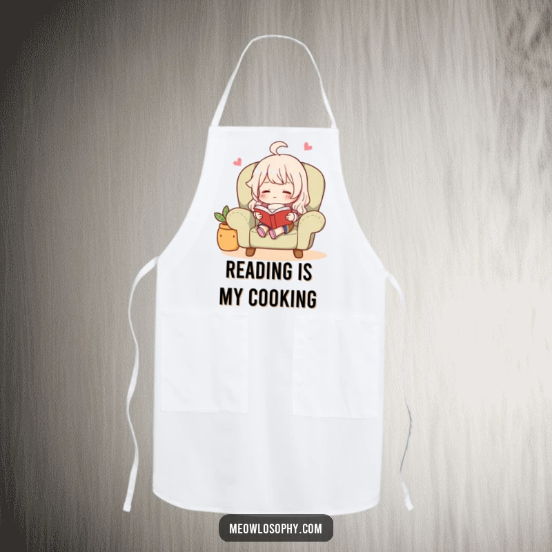 Funny character reading a book in a cozy armchair, designed on a practical and fun kitchen apron.