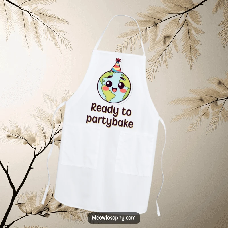 Funny kitchen apron featuring a stylized earth character wearing a party hat, expressing happy surprise while cooking or baking.