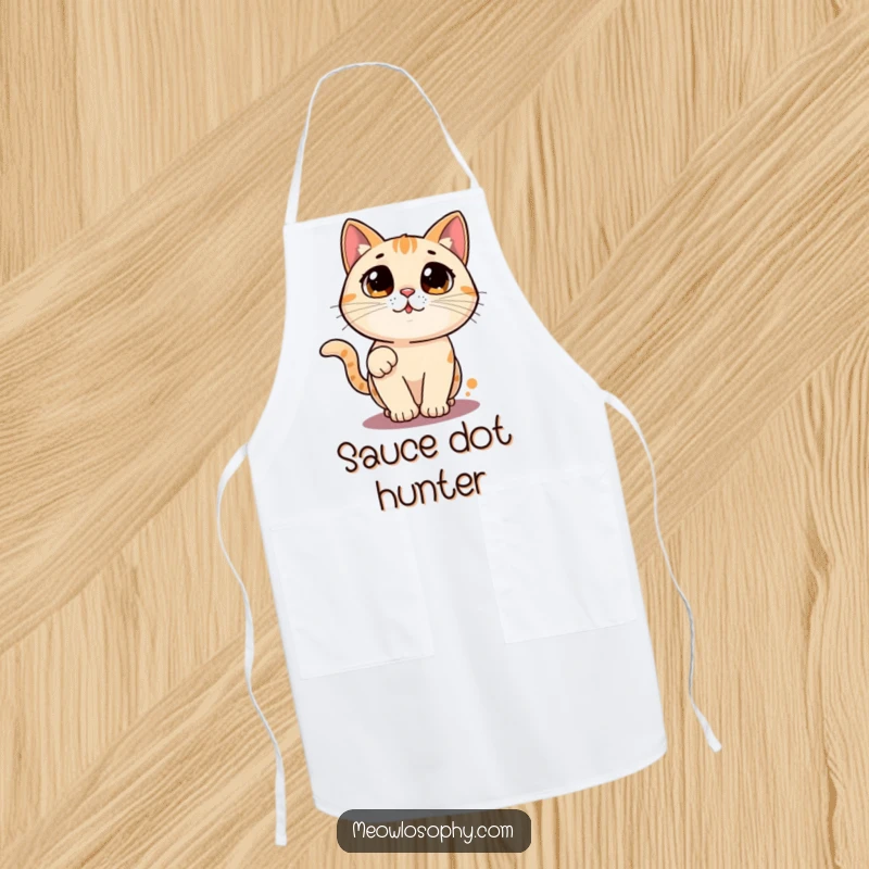 Funny cat apron with a wide-eyed character chasing a laser pointer dot in a circle, humorous kitchen wear for chefs.
