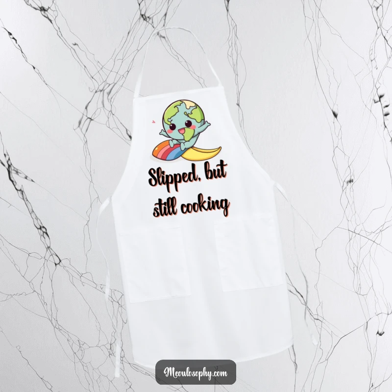 Funny kitchen apron featuring a kawaii earth character comically slipping on a rainbow banana peel, perfect for humorous cooking.