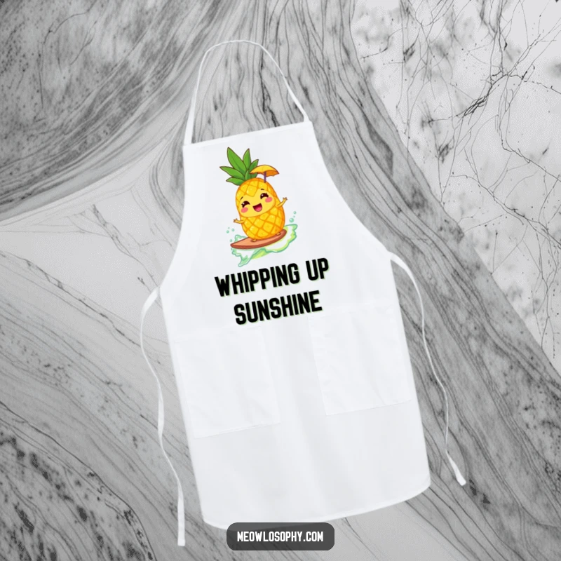 Funny apron with a giggling pineapple and umbrella surfing a lemonade wave, bringing tropical fun to kitchen duty.