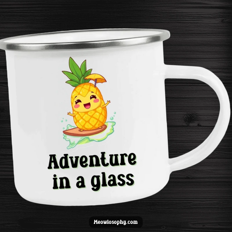 Funny camping mug with a giggling pineapple and umbrella surfing a lemonade wave, bringing tropical cheer to outdoor escapades.