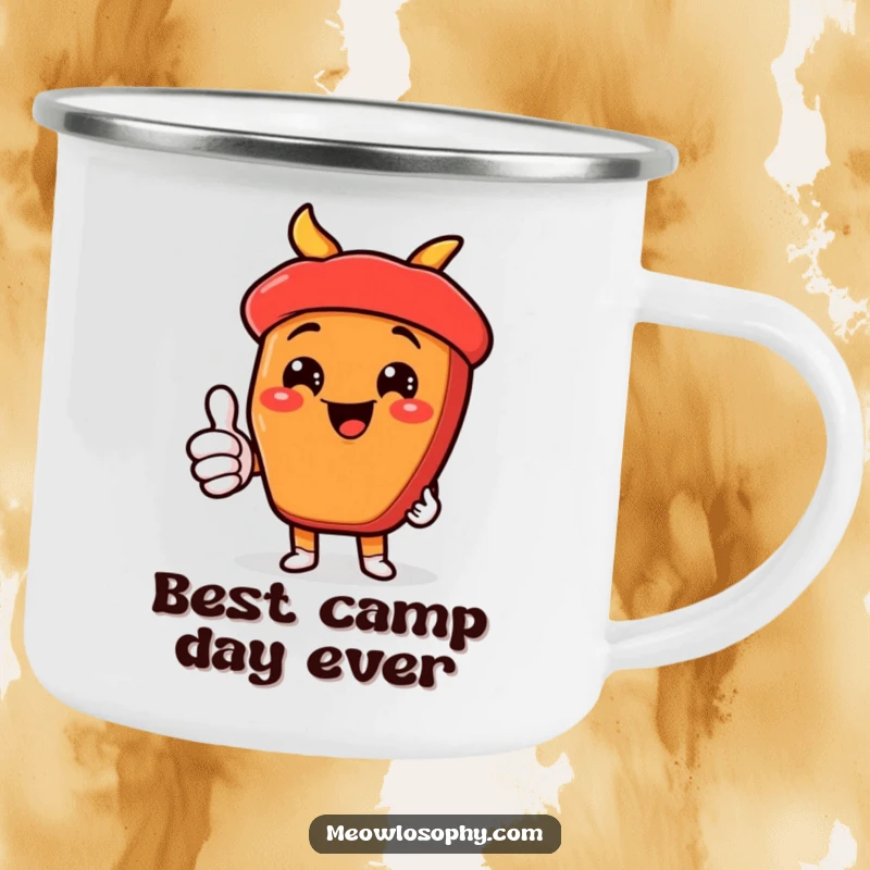 Funny kawaii fajita ingredient giving a thumbs-up with a cheesy grin during camping, on a durable, humorous mug.