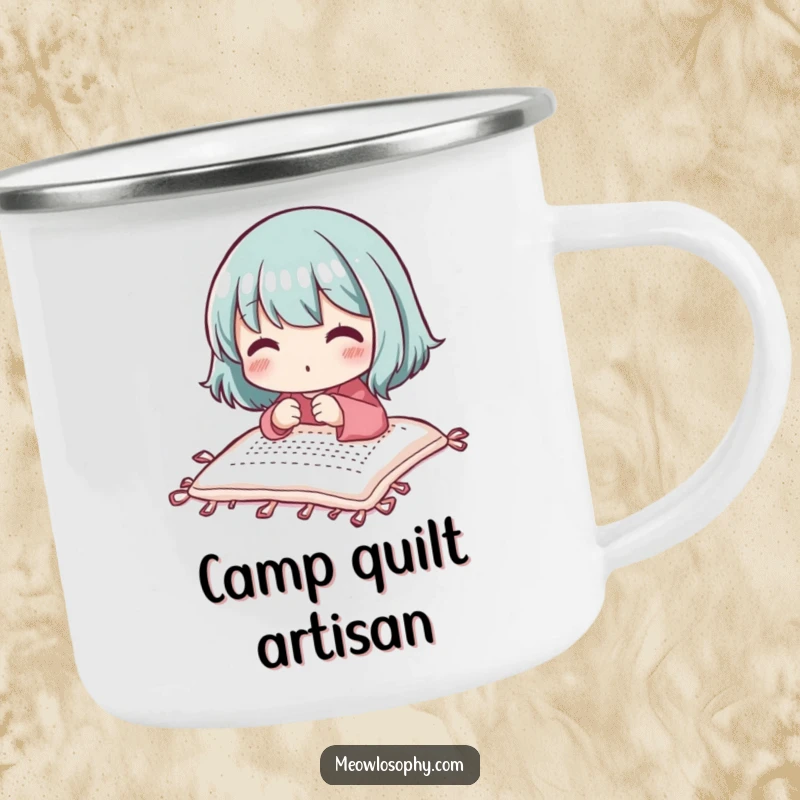 Funny adorable character stitching a small quilt with focused delight, for a rustic enamel camping mug.