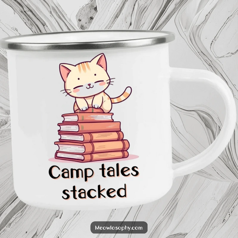Funny cat camping mug with an adorable character attempting to balance on a stack of ancient books, humorous outdoor drinkware.