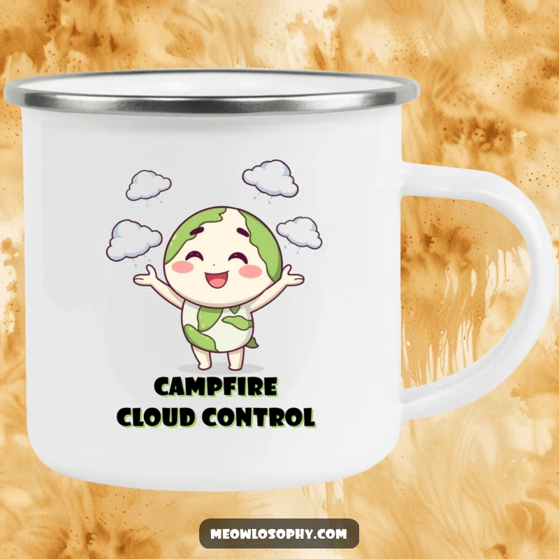 Funny, durable camping mug featuring a smiling earth character juggling tiny storm clouds with a playful wink, for outdoor fun.
