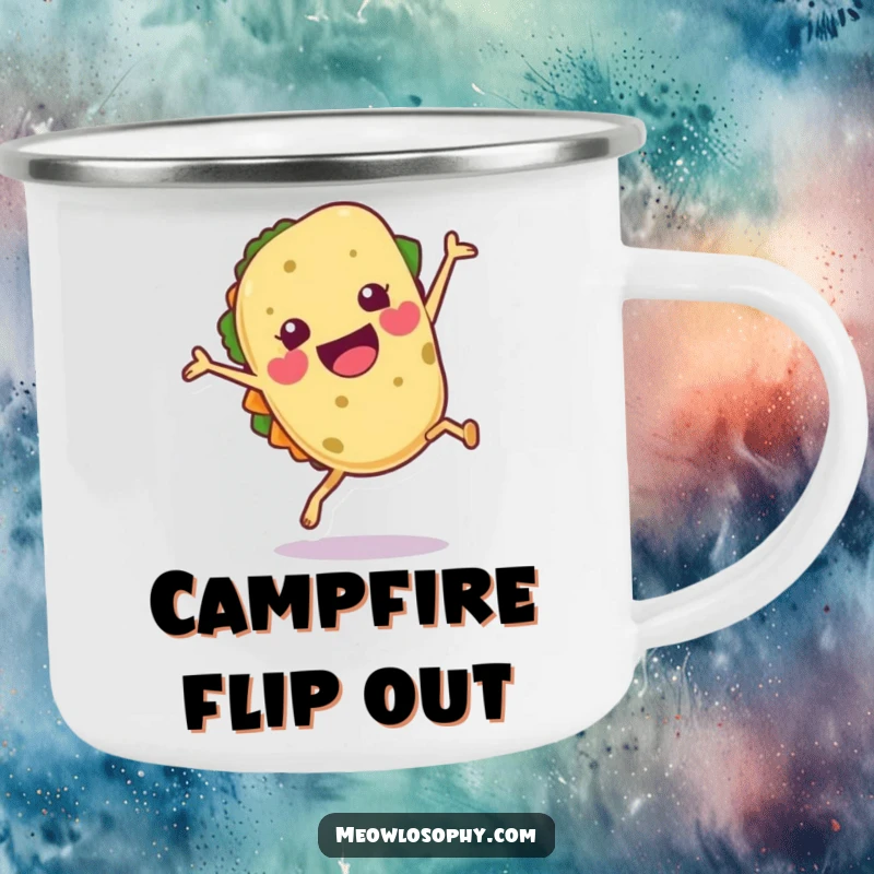 Funny Tortilla Camping Mug doing a joyful cartwheel with a flourish, perfect for outdoor brews.