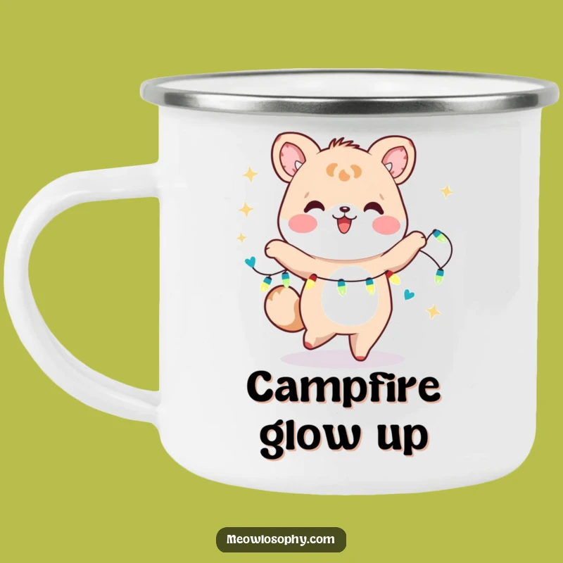 Funny Kawaii Dancer Camping Mug: Joyful Animal with Fairy Lights, Outdoor Cheer Gift