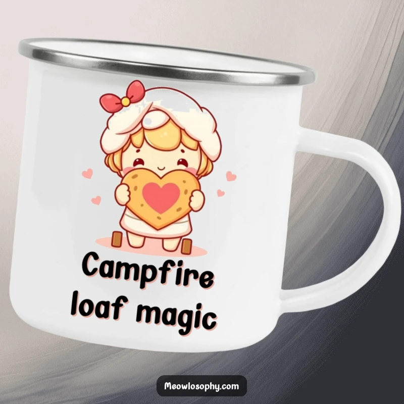 Funny kawaii character happily baking a heart-shaped bread loaf, perfect for a rustic enamel camping mug.