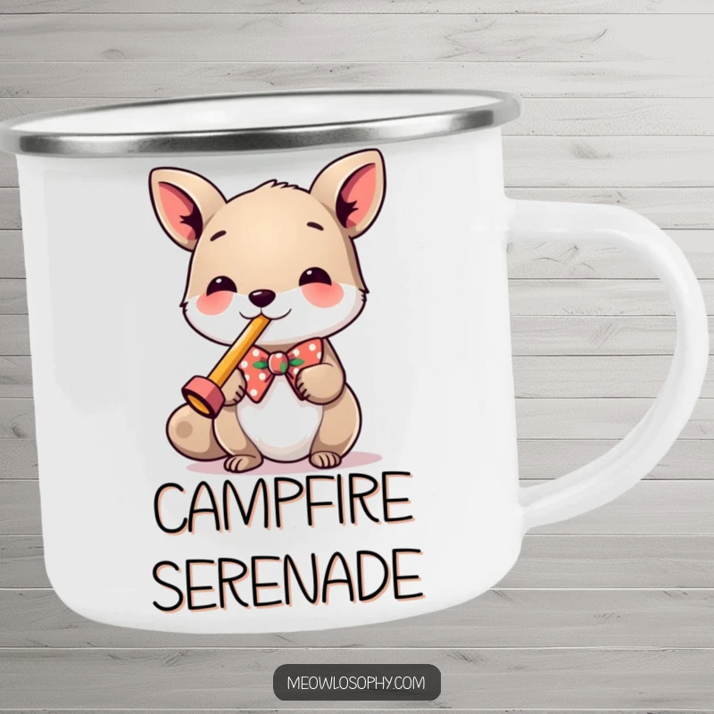Funny Camping Mug depicting a dapper animal in a bowtie, playing a tiny kazoo, ready for outdoor merriment.