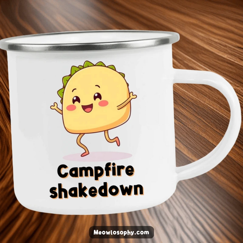 Funny Taco Camping Mug with legs smiling and doing a happy shuffle dance, perfect for outdoor brews.