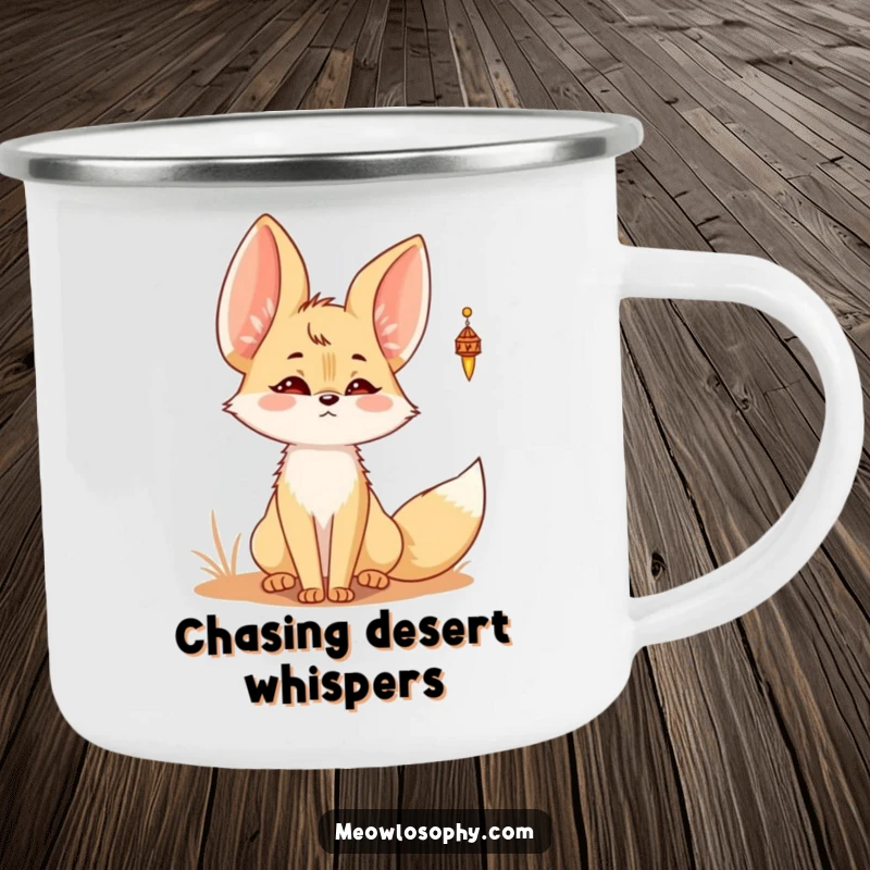 Funny Kawaii Fennec fox camping mug with a cute fennec fox listening to a desert wind chime, perfect for outdoor enjoyment.