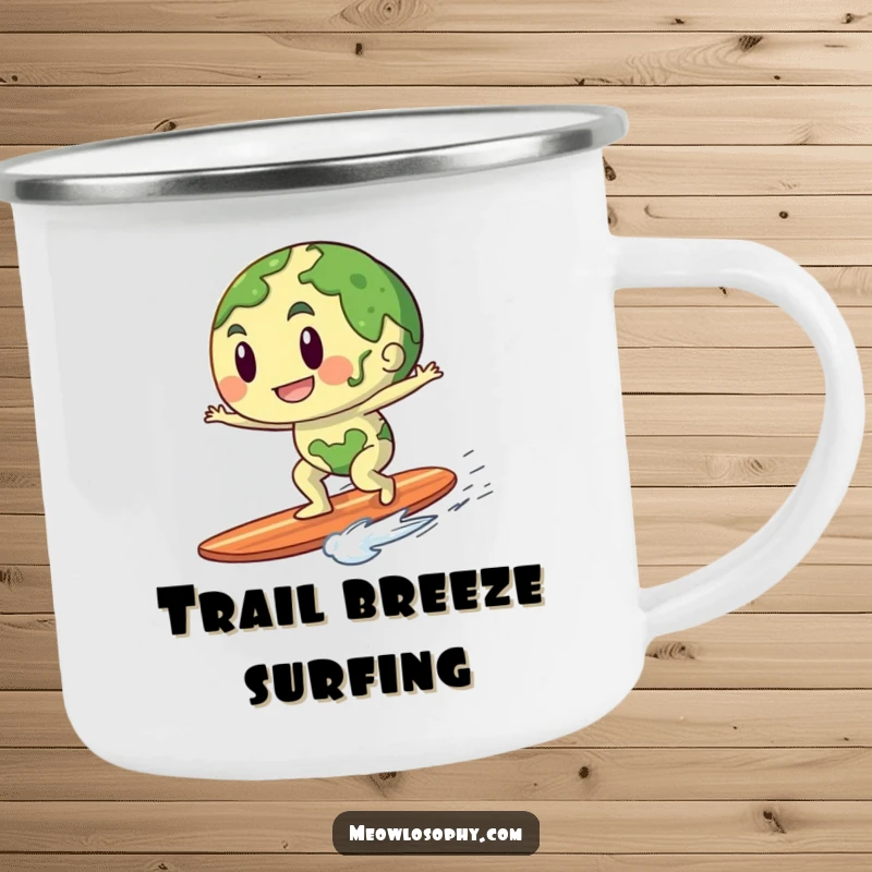 Funny, durable camping mug featuring an anthropomorphic earth character surfing a gentle breeze, perfect for outdoor adventures.