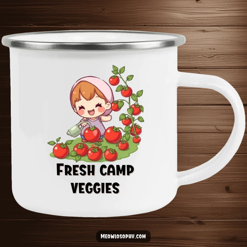 Funny camping mug with a joyful character watering plump, red tomatoes. Durable and humorous for outdoor use.