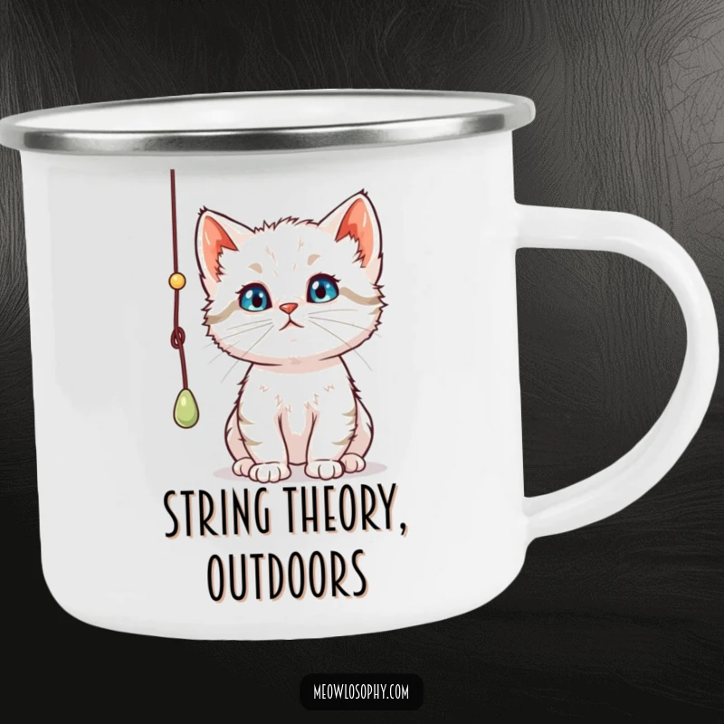 Funny curious kitten camping mug, showing a thoughtful cat intently batting a dangling string, ready for any adventure with humor.