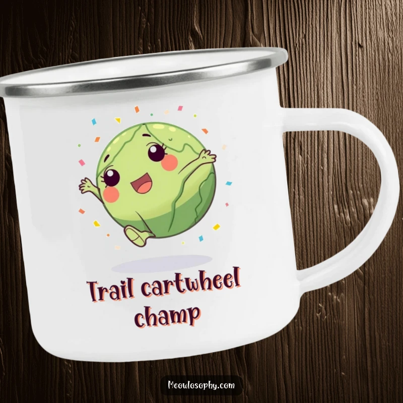 Funny Earth character doing a cartwheel with confetti on a rugged camping mug, perfect for humorous outdoor celebrations.