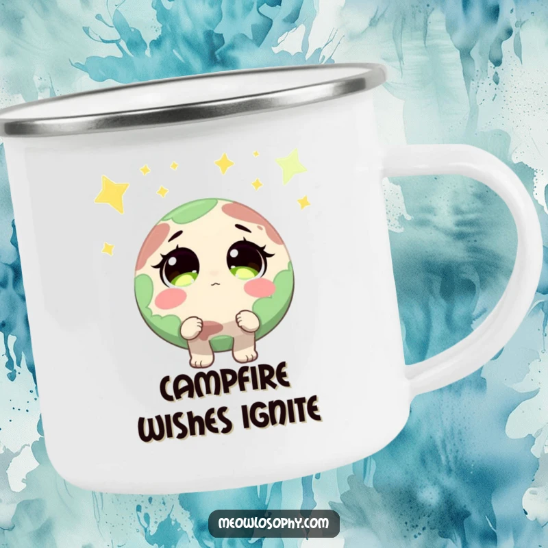 Funny Earth character with wide, sparkling eyes looking up at shooting stars on a rugged camping mug, perfect for humorous outdoor enjoyment.