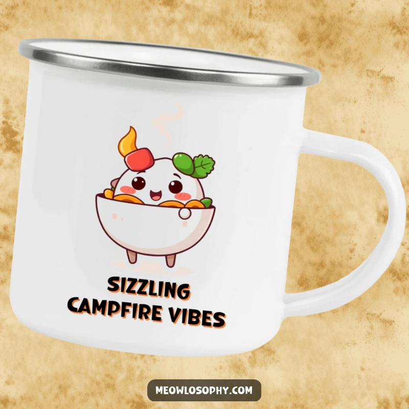 Funny cute fajita bowl character wiggling happily with steam during camping, on a durable, humorous mug.