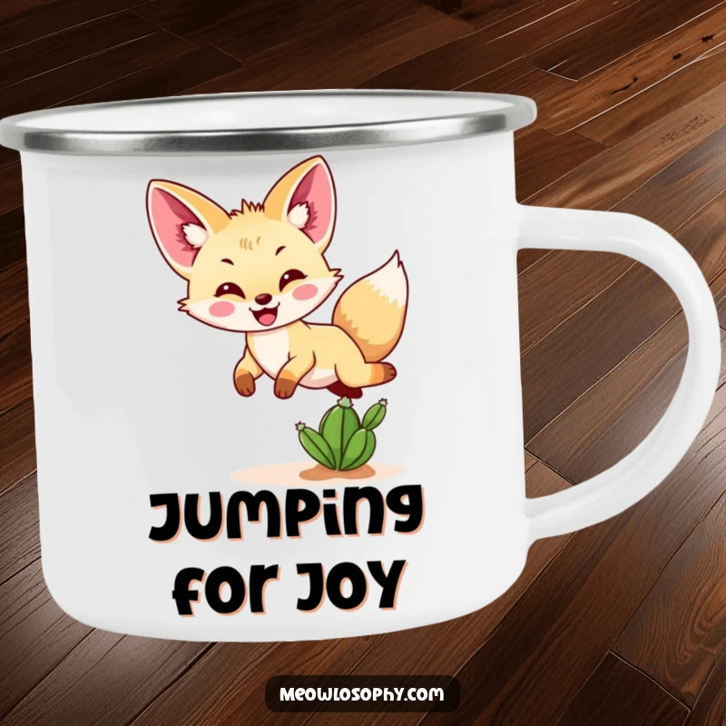 Funny Fennec fox camping mug with a joyful fennec fox jumping over a mini cactus, designed for outdoor enthusiasts.